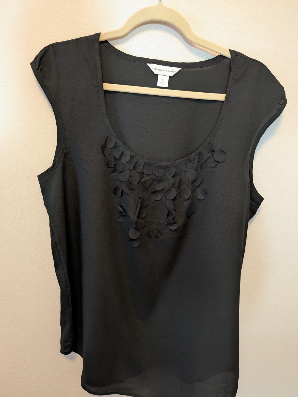 Christopher & Banks Black Scoop Neck Cap-Sleeve Top with Petal Appliqué